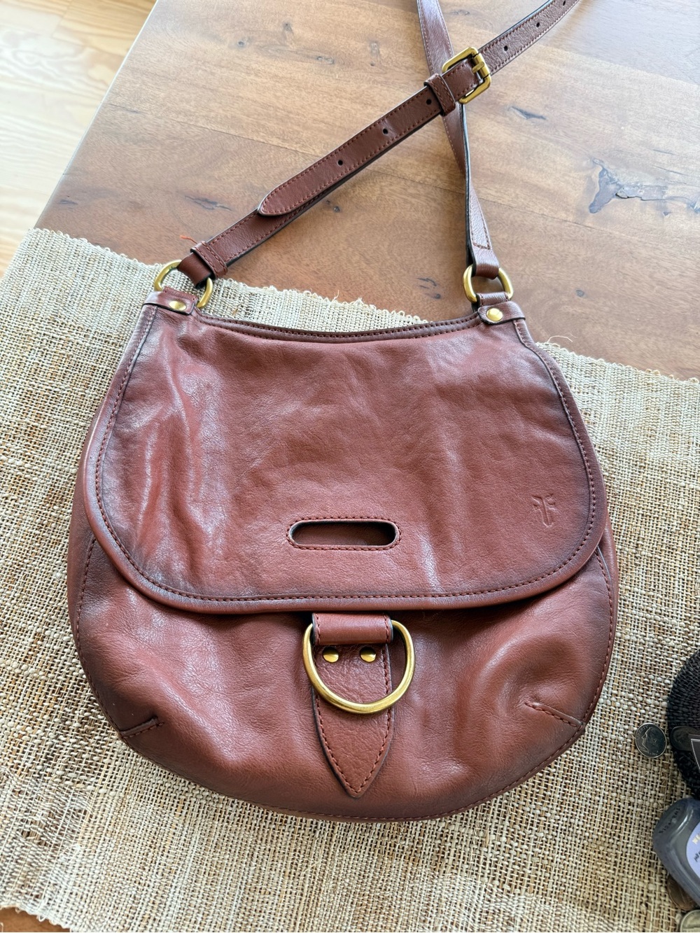 Frye Chestnut Brown Leather Crossbody Saddle Bag with Brass Ring